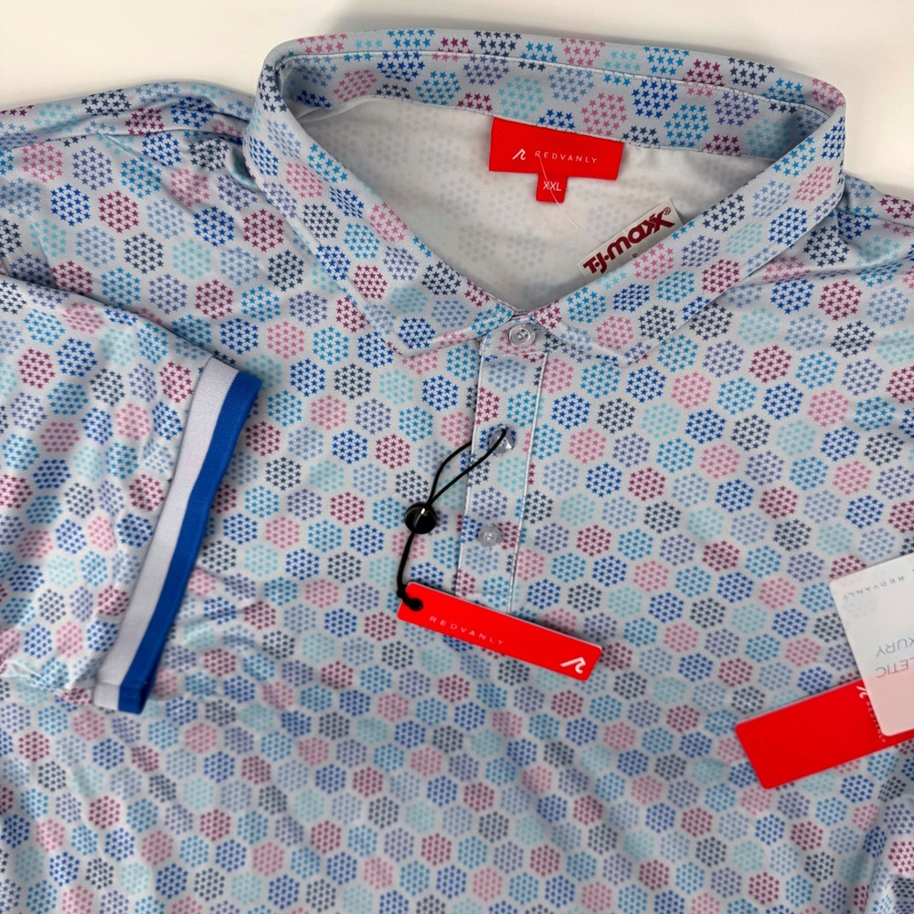 REDVANLY Garmain Golf Polo XXL Blue Lavender Hex Geometric PUREPOLY Short Sleeve